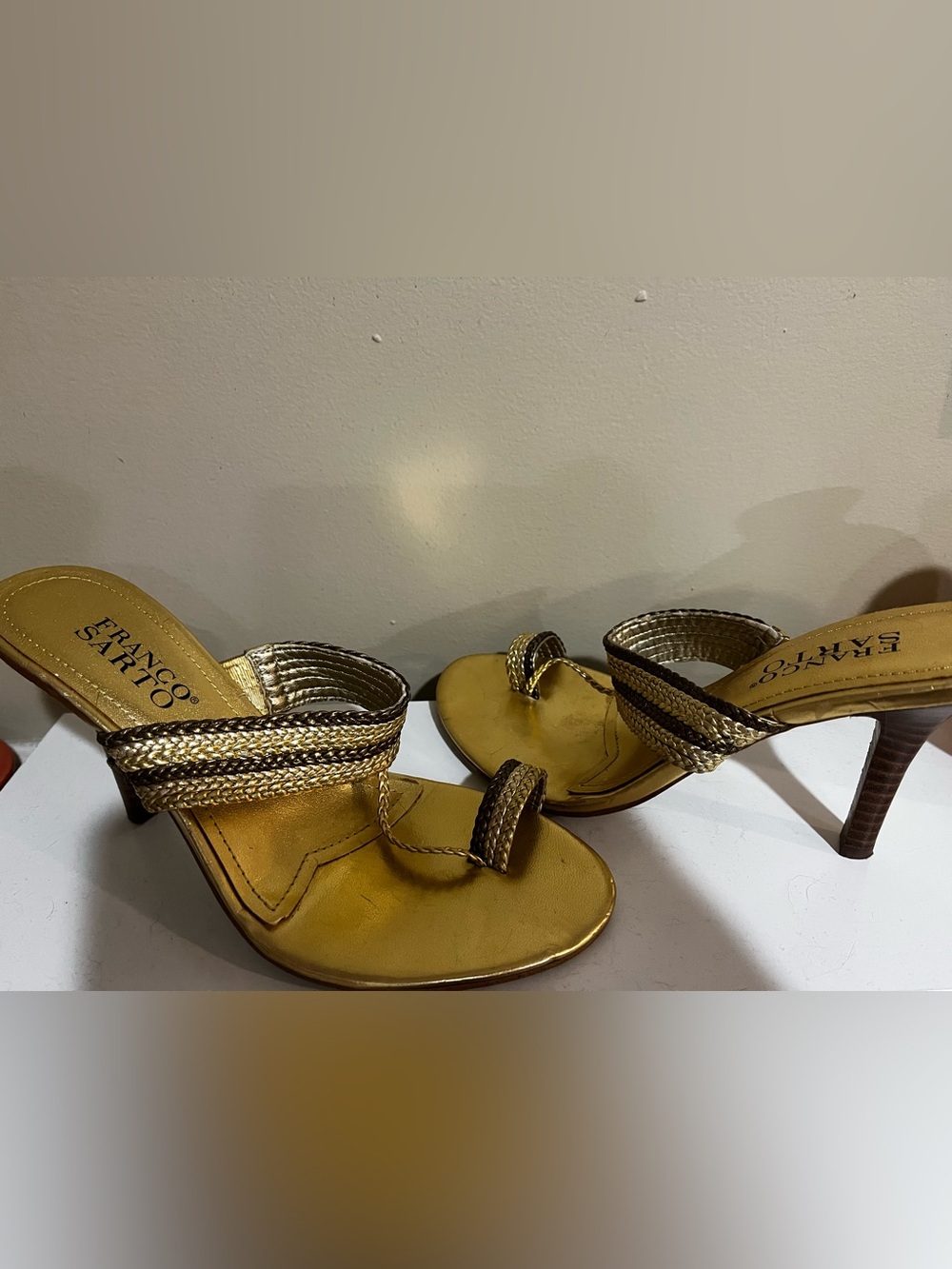 Franco Sarto Metallic Gold Braided-Strap Heels